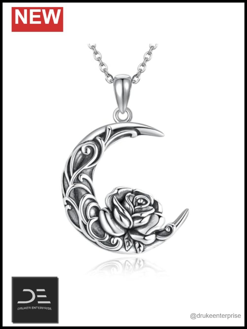 Sterling Silver Rose Flower Moon Crescent Pendant Necklace for Women